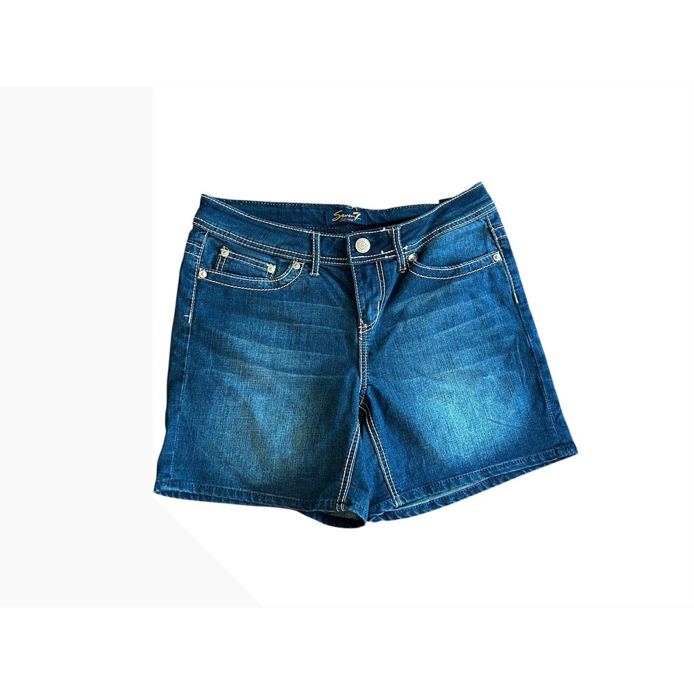 Seven7 Womens Dark Wash Denim Jean Shorts Size 8 Embroidered Pockets Stretch